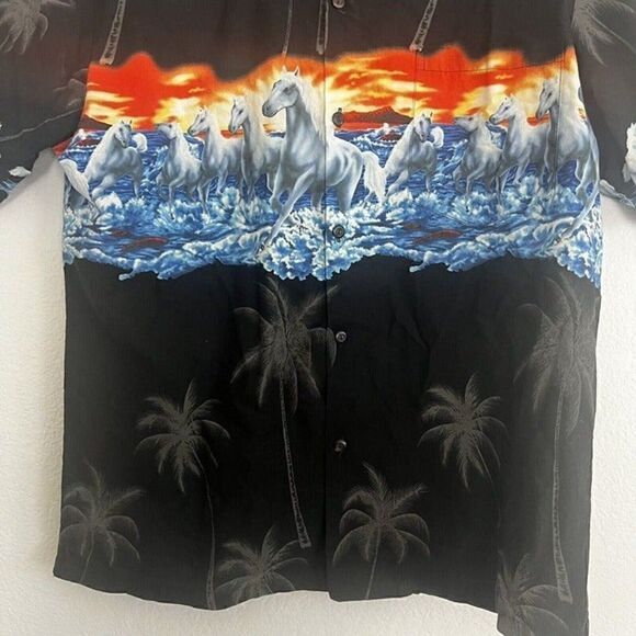 KYS Vintage 90s Hawaiian Mens Black Wild Horses Sunset Beach Short Sleeve Shirt - Picture 8 of 9
